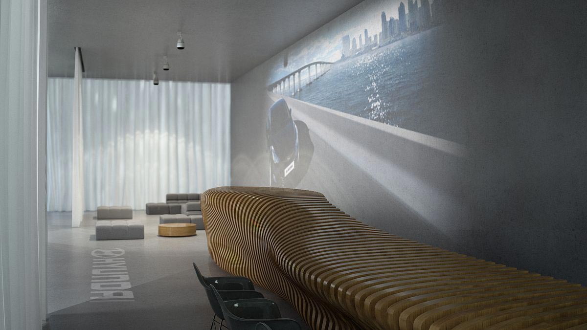 3D vizualizace návrhu recepce - Hyundai showroom